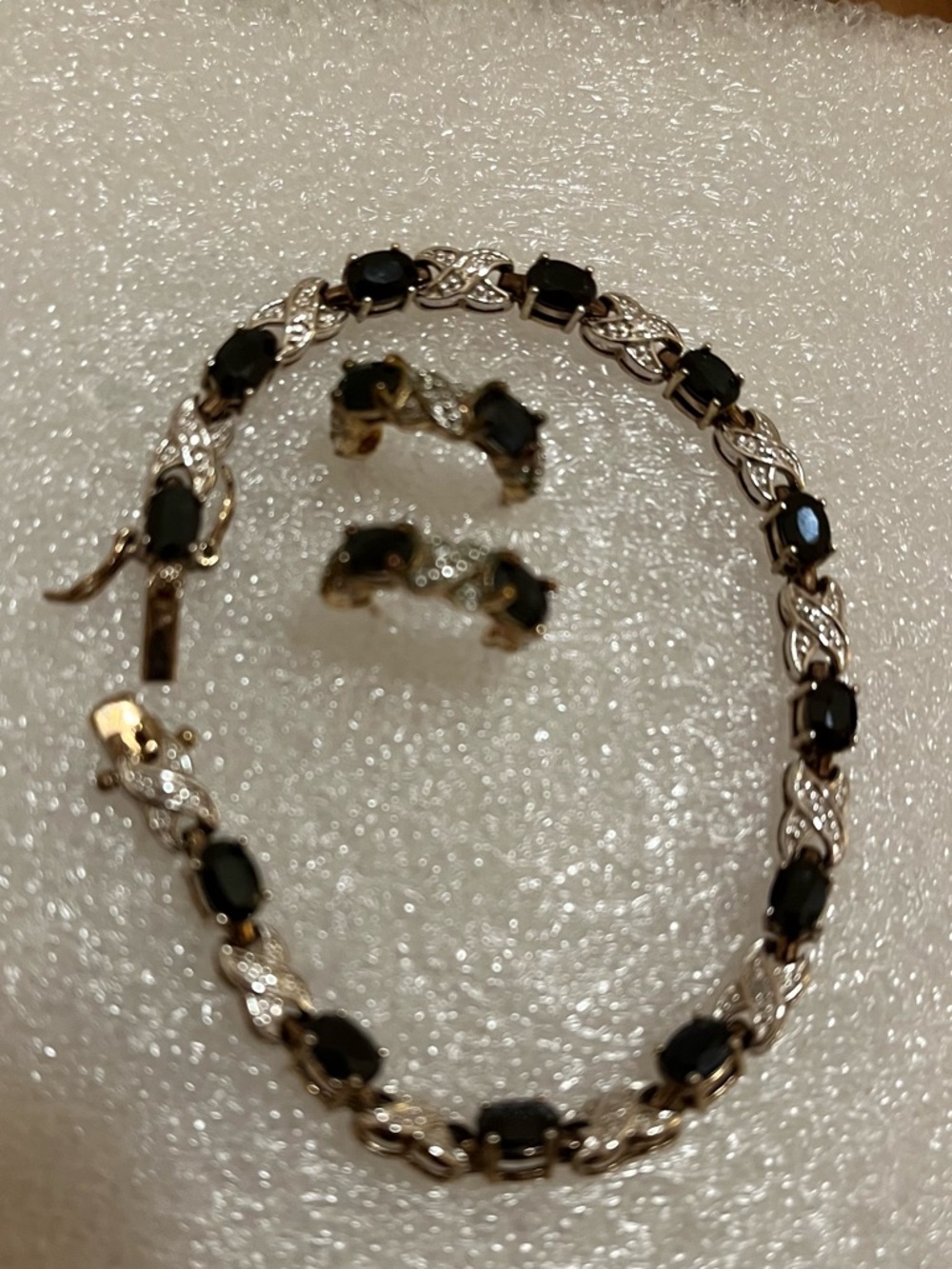 Bracelet & Earrings gold plated .925 silver manmade sapphires diamond chips